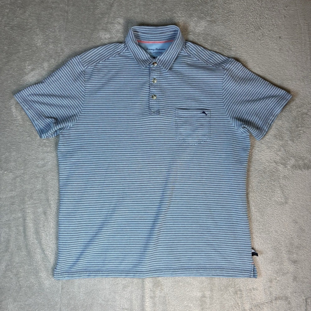 Tommy Bahama Polo Shirt Mens‎ Medium Blue Striped IslandZone Performance Golf